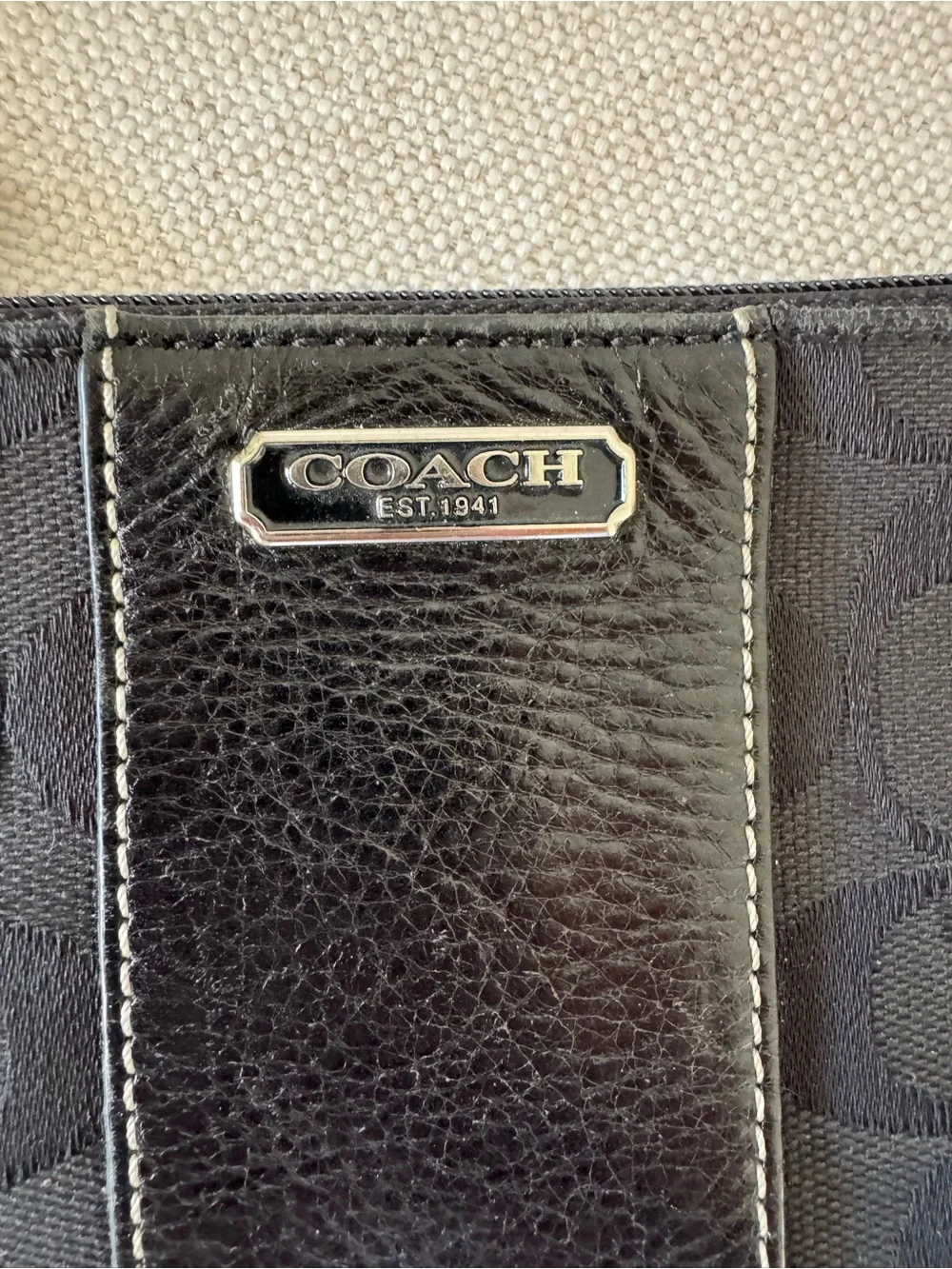 Coach Black Signature Canvas Zip Wristlet And Leather Stripe Women Clutch Wallet